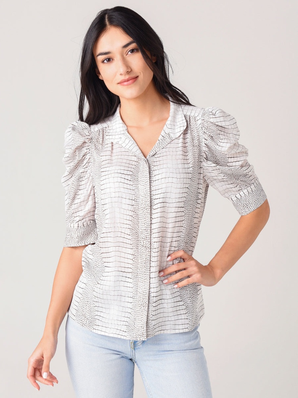 FRAME | White Puff-Sleeve Button-Front Top
